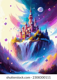 a castle of purple water drops with colorful flowers, 