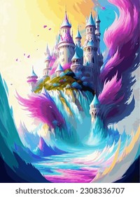 a castle of purple water drops with colorful flowers, 