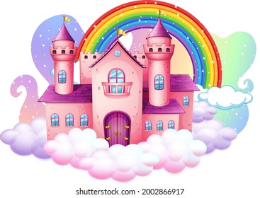 Castle with rainbow on the cloud isolated on white background illustration