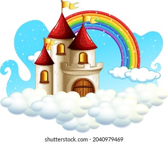 Castle with rainbow on the cloud isolated on white background illustration