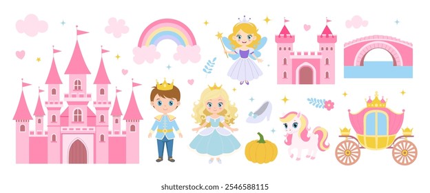 A castle with a rainbow and a princess. A princess is holding a pumpkin