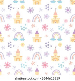castle, rainbows, flowers, clouds. Cute vector seamless pattern in flat style on white background. Illustration for textile, children's room, paper packaging