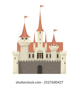 Castle with Red Roof and Flags on a White Background. Vector illustration