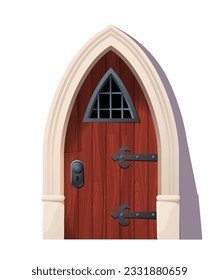 Castle red wooden door concept. Gate and entrance. Exterior and facade, gothic style architecture. Medieval house doorway. Cartoon flat vector illustration isolated on white background