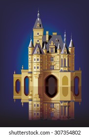 Castle with reflection in the water on a dark background