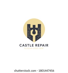 castle repair logo design template use brown and black color. the combination of house castle and tool of engineer