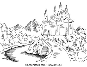 Castle road graphic black white landscape sketch illustration vector 