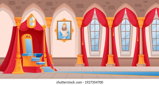 Habitación de castillo con fondo de trono. Salón del reino real con alfombra, asiento, ventanas, cortinas, imagen del rey en ilustración del vector marco. Diseño interior, vista horizontal.