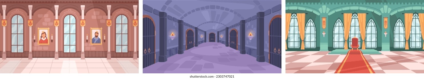 Montaje de dibujos animados en el interior del salón de baile real del castillo, escena de la galería de cuento de hadas vectorial. Sala medieval para el baile con cortina en la ventana. Pasadizo de baile con columna para ilustración de boda monárquica