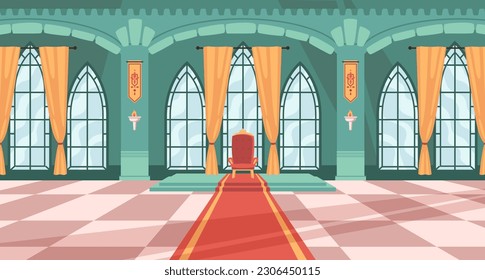 Castle royal ballroom interior with king chair, vector fairytale gallery scene with arch windows. Medieval hall for ball with curtains, dance hallway for monarchy wedding ceremonies, illustration