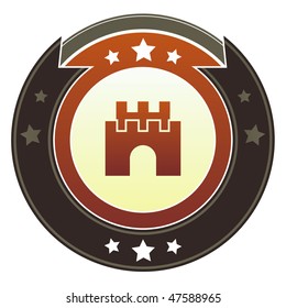 Castle, safety, security icon on round red and brown imperial vector button with star accents suitable for use on website, in print and promotional materials, and for advertising.