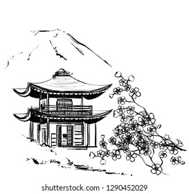 Castle. Sakura. Backround with building, mountains and flowers