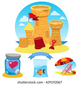 Castle of sand, heart, fish, beach umbrella and chair. Set of color illustrations on the theme of summer.