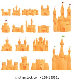 Castle sand icons set. Cartoon set of castle sand vector icons for web design