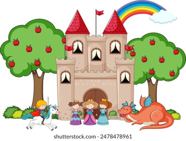Castle scene with princesses, knight, dragon, and rainbow