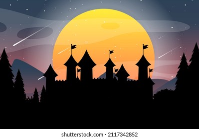 Castle Scene Silhouette With Full Moon Illustration