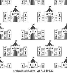 Castle Seamless Pattern. Majestic mediaeval architecture background. Middle ages building exterior with tower and flag. Black and white repeat vector illustration in doodle style