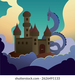 Castle with serpent dragon. Vector illustration