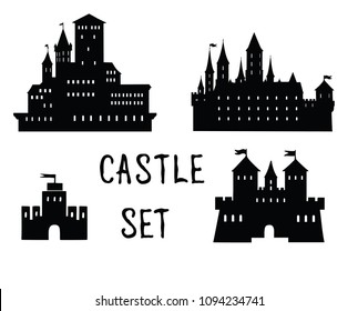 Castle set. Ancient castle building silhouette collection.