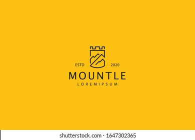 the castle shield logo. Illustration of shield image with fortified shapes and mountain lines. vector line icon template