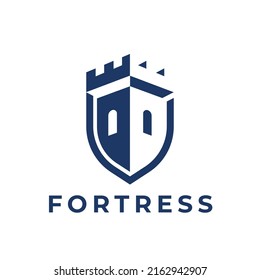 Castle shield logo. Secure fort icon. Fortress crest emblem. Vector illustration.