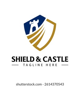 Castle shield logo. Secure fort icon. Fortress crest emblem. Vector designs