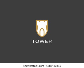 Castle shield logo. Tower, fortress, bastion icon. Real estate, protection, building, security, guard, architecture business logo design template. Vector illustration.