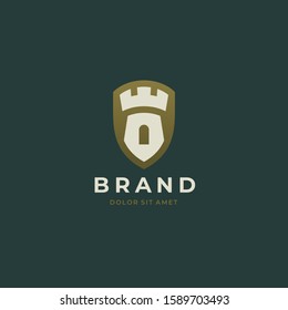 Castle shield logo. Tower, fortress, bastion icon. Real estate, protection, building, security, guard, architecture business logo design template. Vector illustration. svg
