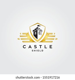 Castle shield logo vector illustration badge gold and black color