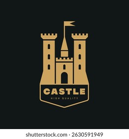 Diseño de Plantilla de letrero de castillo. Emblema, símbolo o insignia. Ilustración en estilo plano.