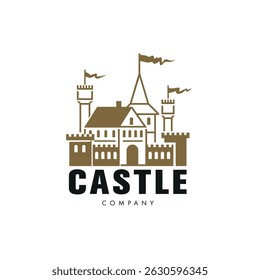 Diseño de Plantilla de letrero de castillo. Emblema, símbolo o insignia. Ilustración en estilo plano.