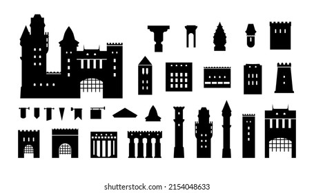 Castle silhouette. Medieval fortress constructor kit with towers walls and gate black elements. Vector ancient gothic monastery. Mysterious defensive palace isolated stone parts collection