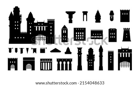 Castle silhouette. Medieval fortress constructor kit with towers walls and gate black elements. Vector ancient gothic monastery. Mysterious defensive palace isolated stone parts collection