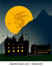 Castle silhouette in mountains against the full moon. Halloween.