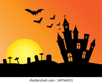 Castle silhouette and sun .Used as a background for Halloween. Vector illustration