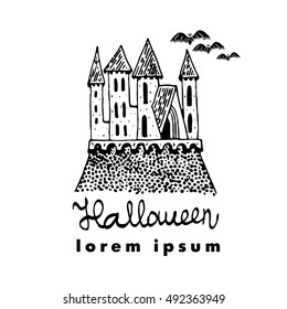 Castle silhouette. Vector illustration of cute greeting card for Halloween. Logo for party.