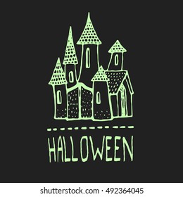 Castle silhouette. Vector illustration of cute greeting card for Halloween. Logo for party.