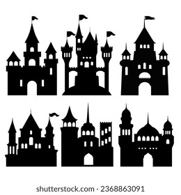 Castle silhouettes. medieval kingdom palace and old fortress stencil vector illustration set of castle