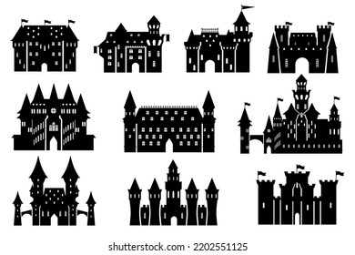 Castle silhouettes. Royal tower exterior, medieval kingdom palace and old fortress stencil vector illustration set of castle, old silhouette architecture