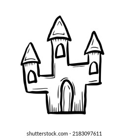 Castle simple doodle. Hand drawn black and white outline vector illustration. Halloween or Middle Ages single element, emblem, logo, symbol, icon