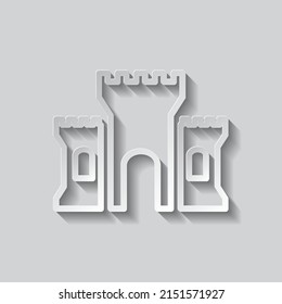 Icono de castillo simple. Diseño plano. Estilo de papel con sombra. Fondo gris.ai