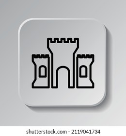 Icono de castillo simple. Diseño plano. Icono negro en botón cuadrado con sombra. Fondo gris.ai