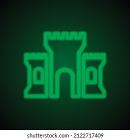 Castle simple icon. Flat desing. Green neon on black background with green light.ai