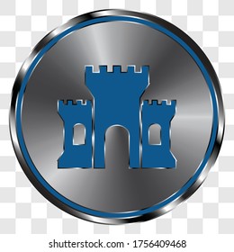 Castle simple icon on metal round button. Transparent grid