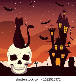 Castle skull and cat design, Halloween holiday horror scary celebration autumn dark and party theme Vector illustration