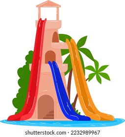 Castle slide, fun activity in outdoor water park vector illustration. Cartoon summer holiday leisure, pool design for play. Recreation at aquapark
