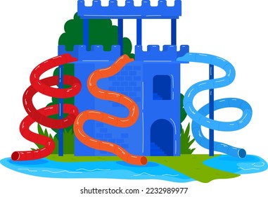 Castle slide, fun activity in outdoor water park vector illustration. Cartoon summer holiday leisure, pool design for play. Recreation at aquapark