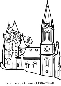 A castle with small clock tower. 
Hand drawn vector illustration. 