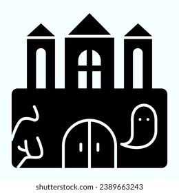 Castle solid icon. Big magic tower with door and ghost. Halloween vector design concept, glyph style pictogram on white background, use for web and app. Eps 10