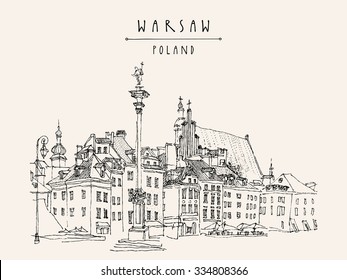 Castle Square in old center of Warsaw, Poland. Historic buildings. Travel sketch, hand lettering. Monochrome black and white vintage postcard template. Artistic vector hand drawn linear illustration